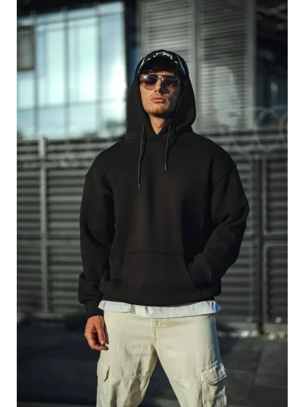 Lushiowear Erkek 3 İplik Pamuklu Kapüşonlu Basic SweatShirt Hoodie - Siyah