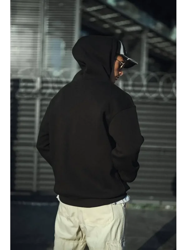 Lushiowear Erkek 3 İplik Pamuklu Kapüşonlu Basic SweatShirt Hoodie - Siyah