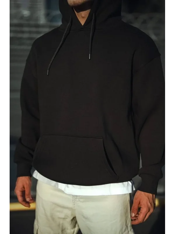 Lushiowear Erkek 3 İplik Pamuklu Kapüşonlu Basic SweatShirt Hoodie - Siyah