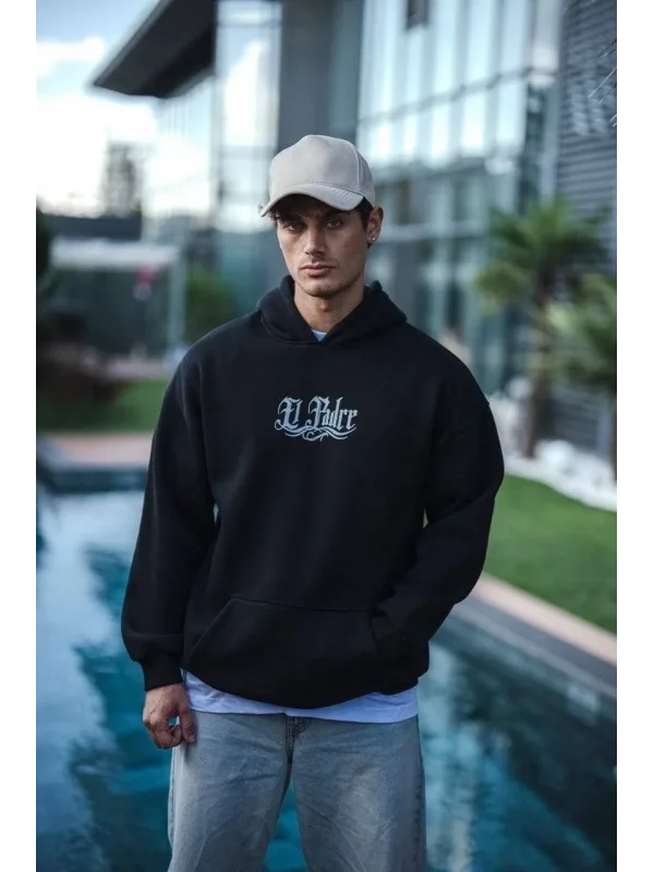 Lushiowear Erkek 3 İplik Pamuklu Kapüşonlu Baskılı Cepli Oversize Sweatshirt Hoodie - Siyah