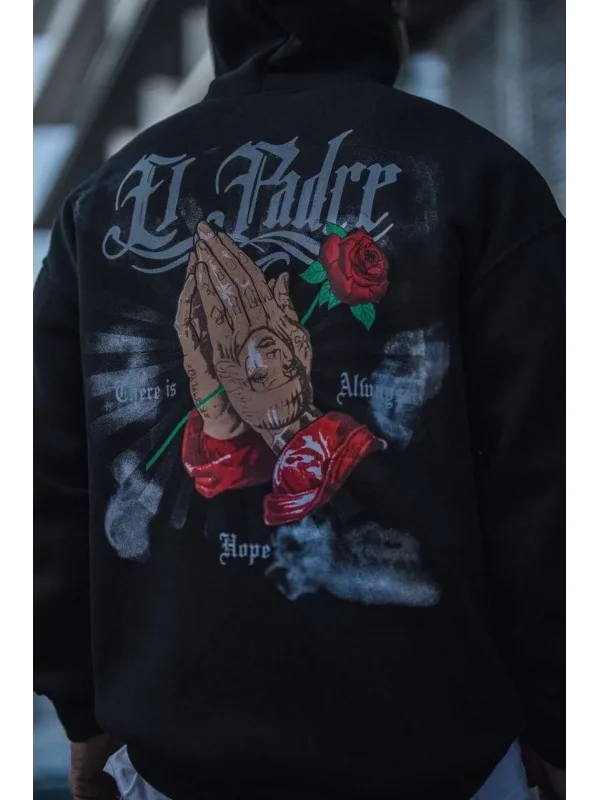 Lushiowear Erkek 3 İplik Pamuklu Kapüşonlu Baskılı Cepli Oversize Sweatshirt Hoodie - Siyah