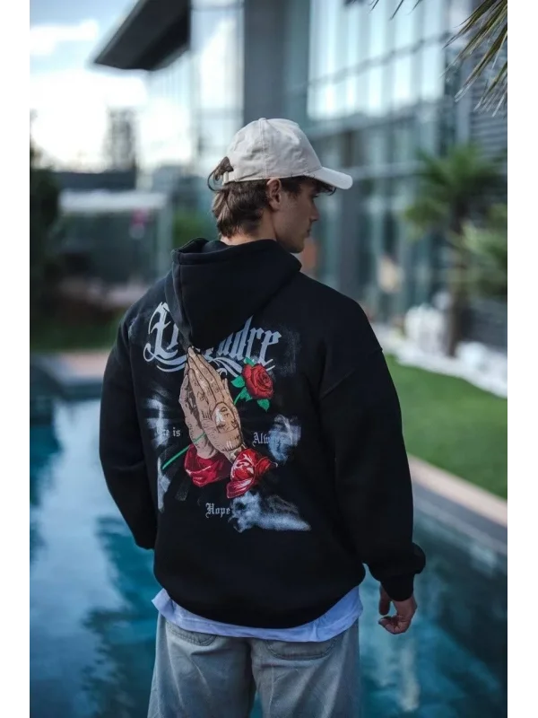 Lushiowear Erkek 3 İplik Pamuklu Kapüşonlu Baskılı Cepli Oversize Sweatshirt Hoodie - Siyah