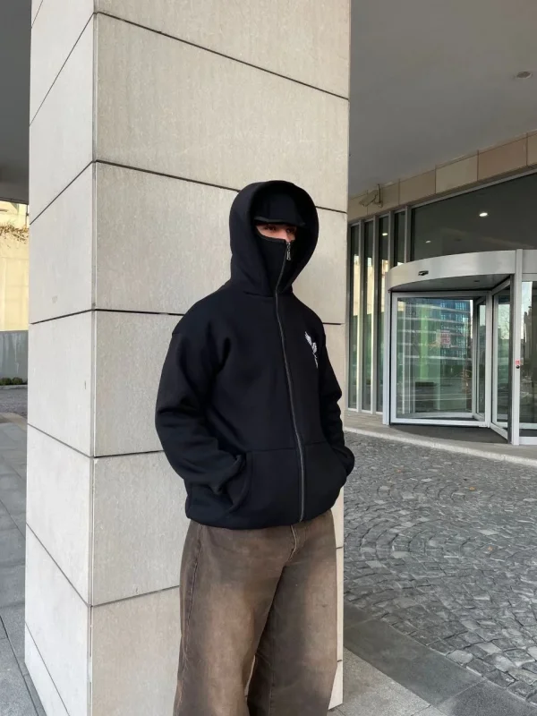 Lushiowear Erkek 3 iplik Samuray kapüşonlu ZIP Fermuarlı SweatShirt Hoodie - Siyah