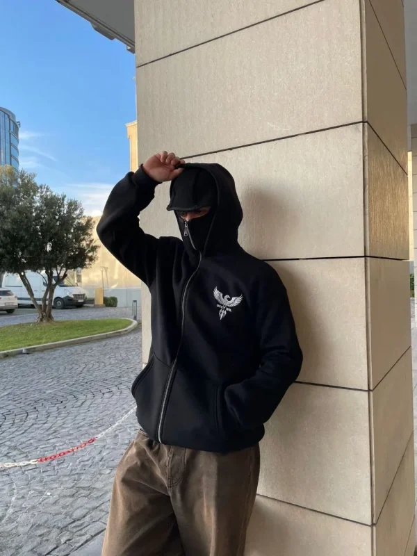 Lushiowear Erkek 3 iplik Samuray kapüşonlu ZIP Fermuarlı SweatShirt Hoodie - Siyah