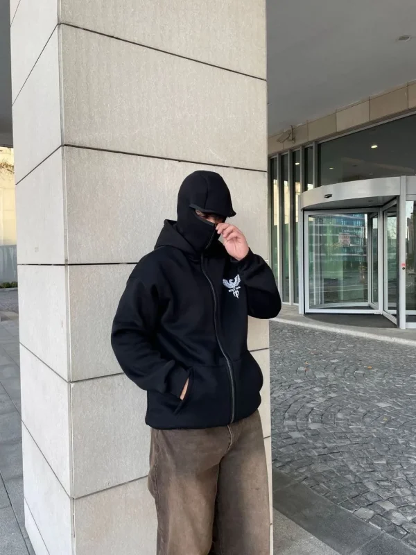 Lushiowear Erkek 3 iplik Samuray kapüşonlu ZIP Fermuarlı SweatShirt Hoodie - Siyah