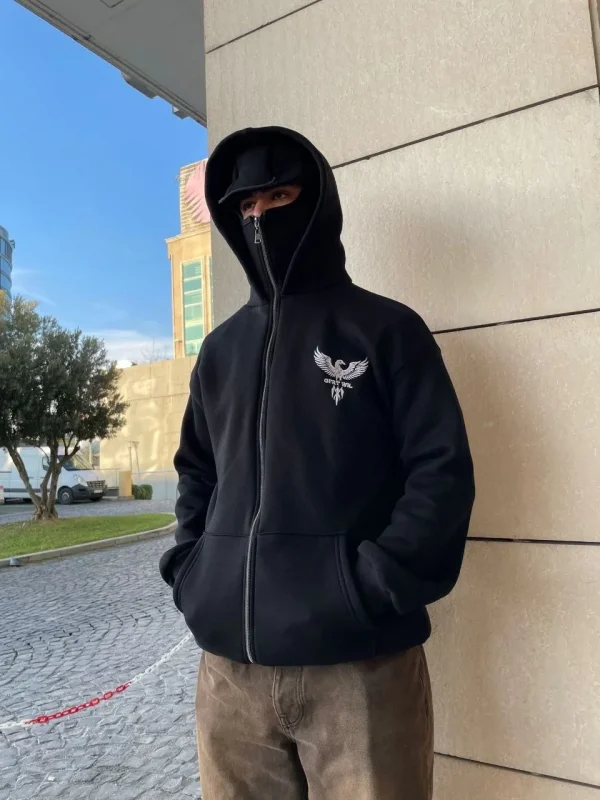Lushiowear Erkek 3 iplik Samuray kapüşonlu ZIP Fermuarlı SweatShirt Hoodie - Siyah