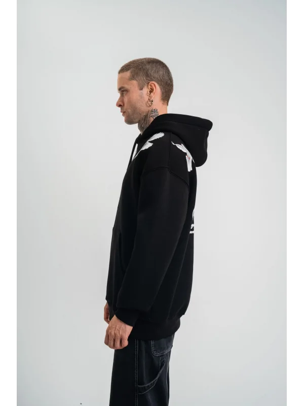 Lushiowear Erkek 3 İplik Pamuklu Kapüşonlu Baskılı Cepli Oversize Sweatshirt Hoodie - Siyah