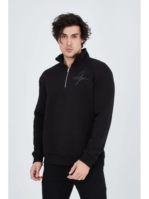Lushiowear Erkek Yarım Fermuarlı Baskılı 3  iplik pamuklu sweatshirt - Siyah