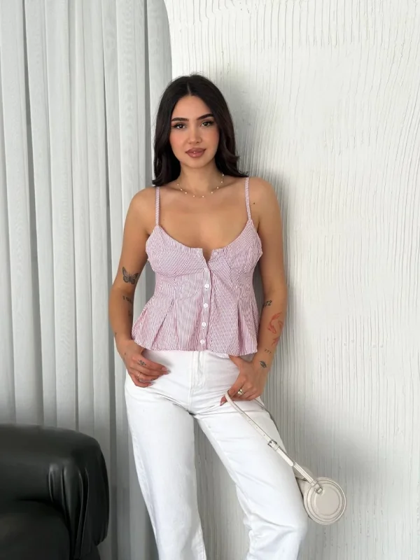 Lushiowear Kadın Askılı Dekolte deraylı crop - Kırmızı