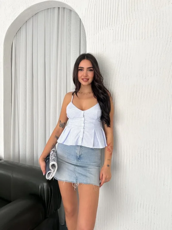 Lushiowear Kadın Askılı Dekolte detaylı crop - Açık Mavi