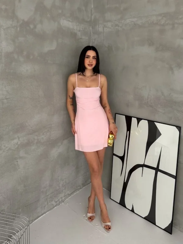 Lushiowear Kadın Askılı Şifon Mini Elbise Drapeli Bel Vücuda Oturan Yazlık Şık - Pembe