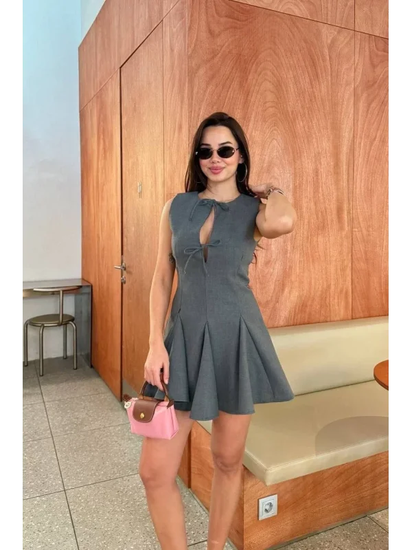 Lushiowear Kadın Bağcık detaylı Kolsuz Mini Elbise - Antrasit