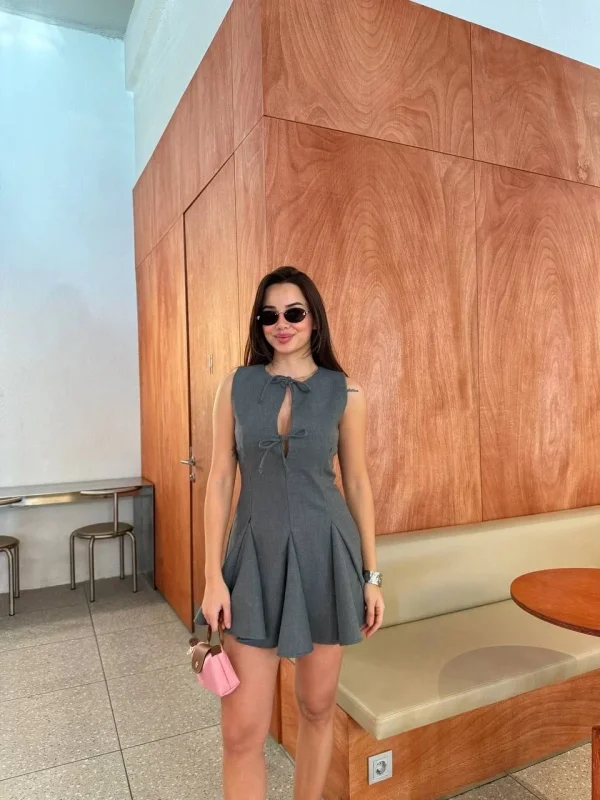 Lushiowear Kadın Bağcık detaylı Kolsuz Mini Elbise - Antrasit
