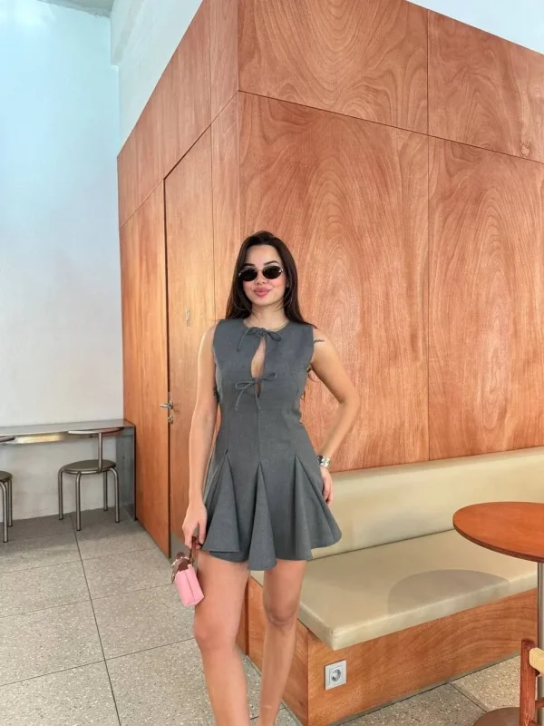 Lushiowear Kadın Bağcık detaylı Kolsuz Mini Elbise - Antrasit