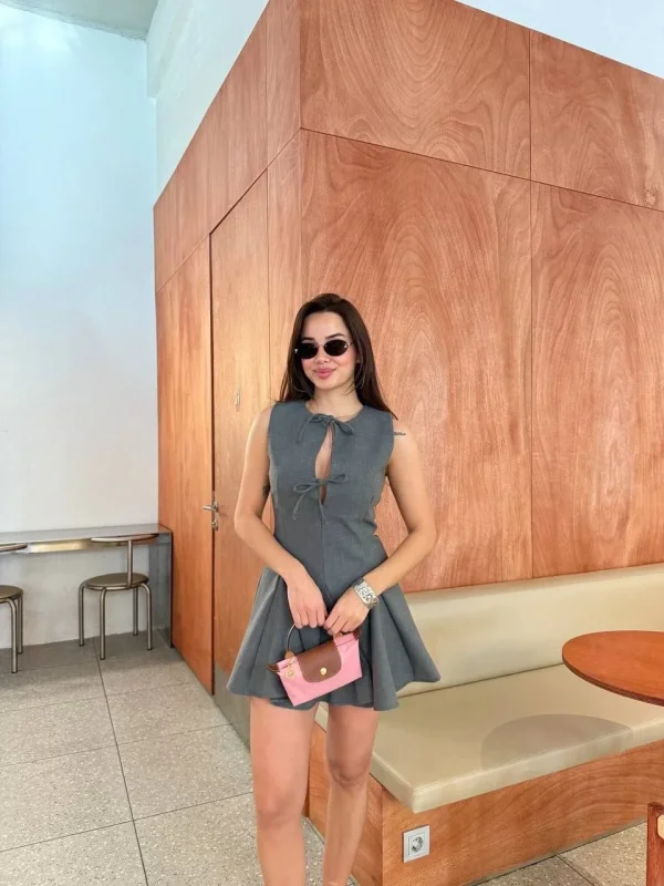 Lushiowear Kadın Bağcık detaylı Kolsuz Mini Elbise - Antrasit