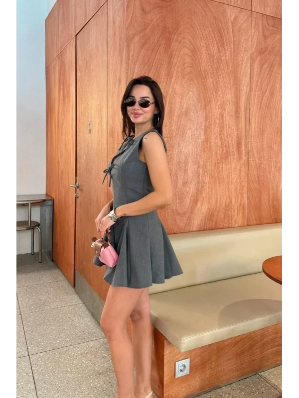Lushiowear Kadın Bağcık detaylı Kolsuz Mini Elbise - Antrasit