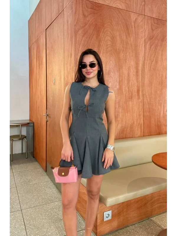 Lushiowear Kadın Bağcık detaylı Kolsuz Mini Elbise - Antrasit