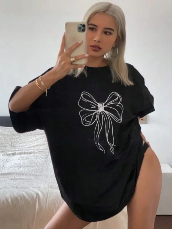 Lushiowear Kadın Fiyonk Baskılı T-Shirt Kısa Kol Bisiklet Yaka Oversize Tişört - Siyah