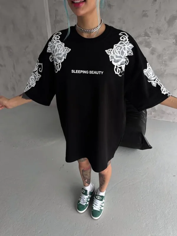 Lushiowear Kadın Kısa Kol Yazlık Tişört Bisiklet Yaka Baskılı Oversize T-Shirt - Siyah
