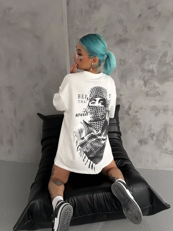 Lushiowear Kadın Kısa Kol Tişört Bisiklet Yaka Filistin Poşülü Baskılı T-Shirt - Beyaz