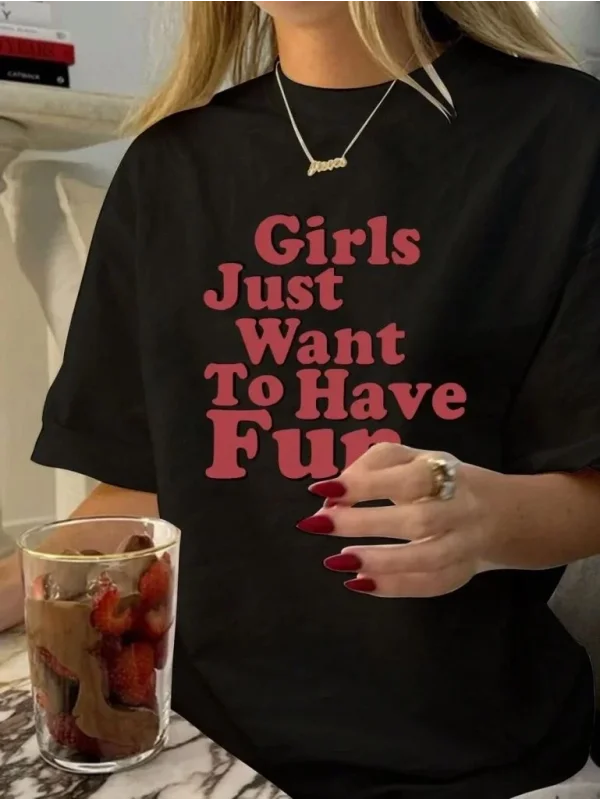 Lushiowear Kadın Baskılı Oversize Kısa kol T-shirt - Siyah