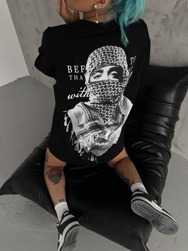 Lushiowear Kadın Kısa Kol Tişört Bisiklet Yaka Filistin Poşülü Baskılı T-Shirt - Siyah