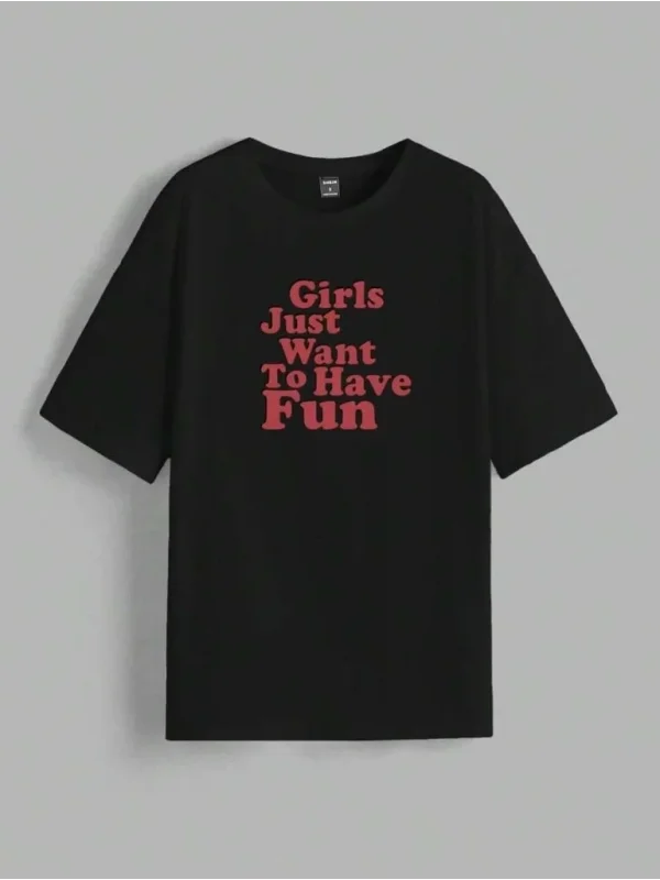 Lushiowear Kadın Baskılı Oversize Kısa kol T-shirt - Siyah