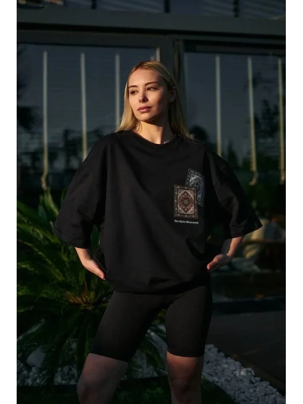 Lushiowear kadın Bisiklet Yaka Baskılı  Kısa kol Oversize T-Shirt - Siyah