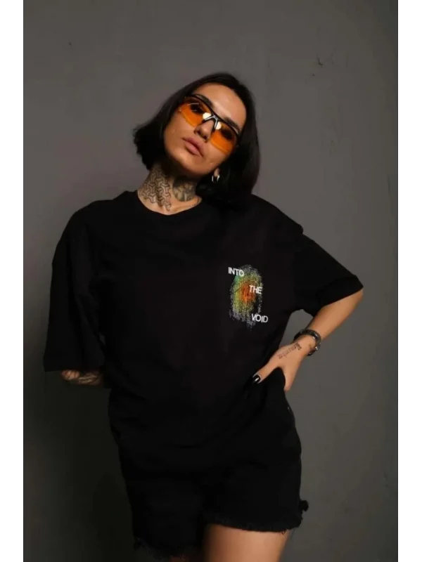 Lushiowear kadın Bisiklet Yaka Baskılı Oversize Kısa kol T-Shirt - Siyah