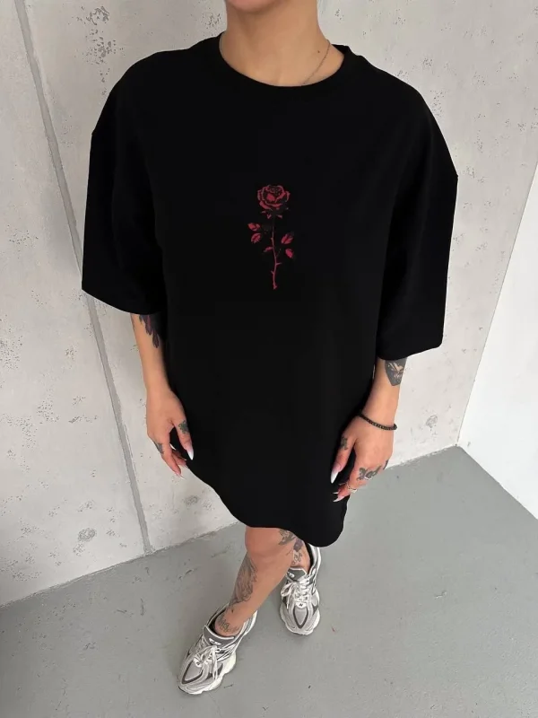 Lushiowear kadın Bisiklet Yaka Baskılı Oversize  Kısa kol T-Shirt - Siyah