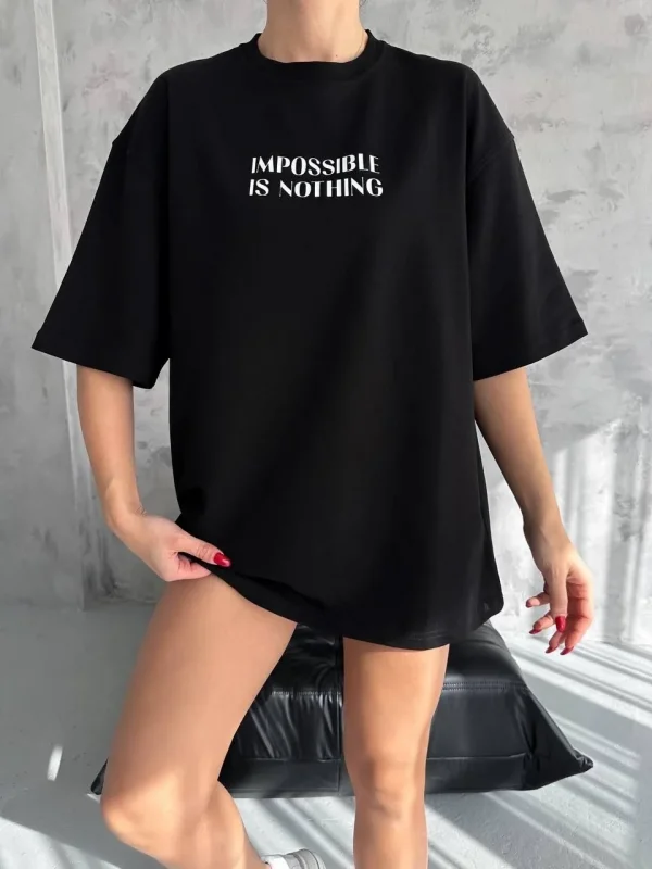 Lushiowear kadın Bisiklet Yaka Baskılı Oversize  Kısa kol T-Shirt - Siyah