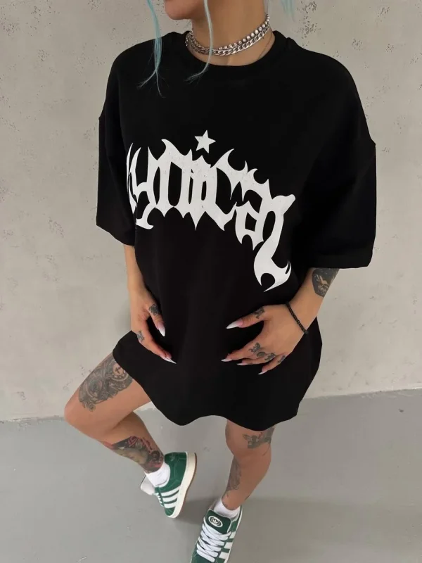 Lushiowear kadın Bisiklet Yaka Baskılı Oversize Kısa kol  T-Shirt - Siyah