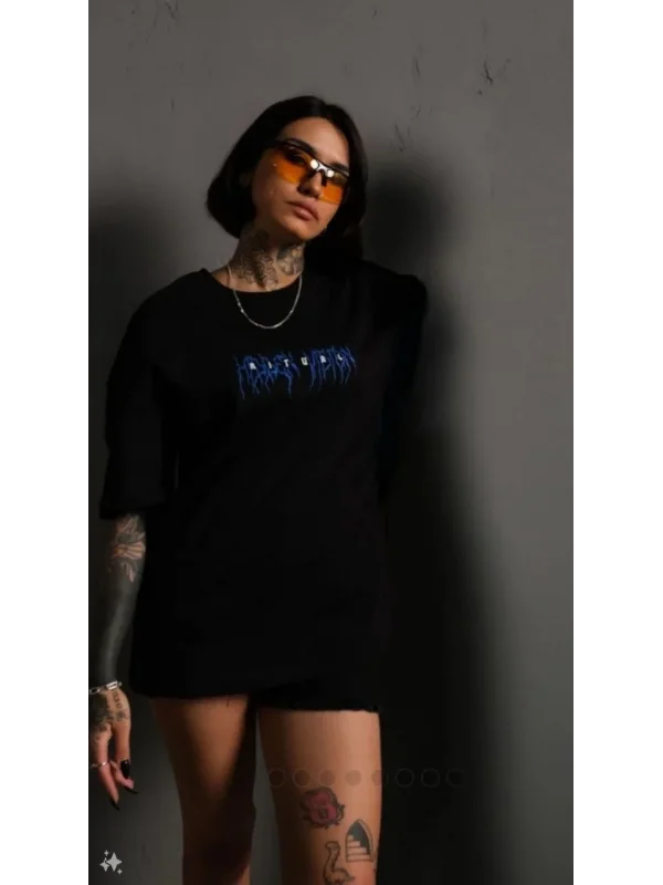 Lushiowear kadın Bisiklet Yaka Baskılı Oversize  Kısa kol T-Shirt - Siyah