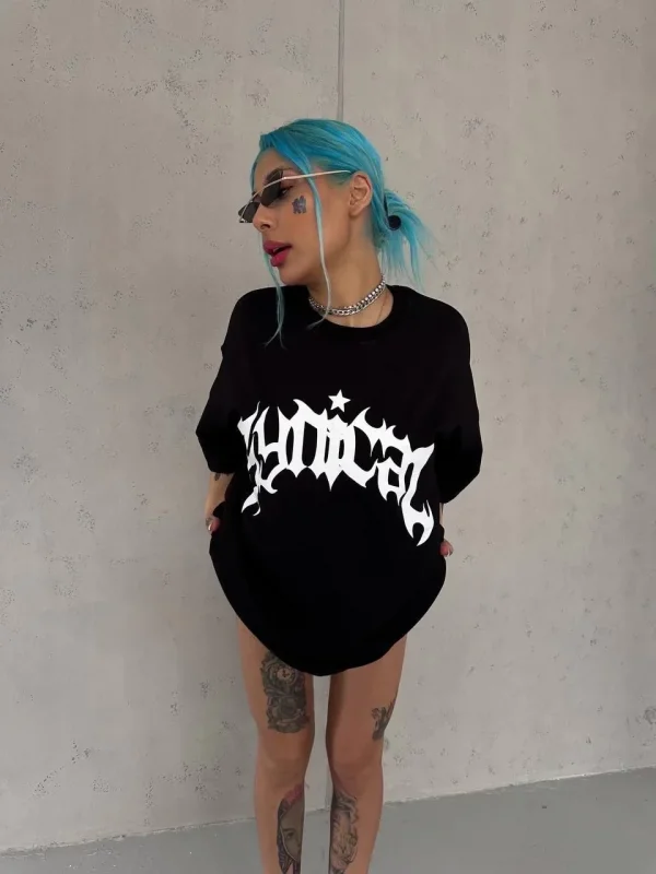Lushiowear kadın Bisiklet Yaka Baskılı Oversize Kısa kol  T-Shirt - Siyah