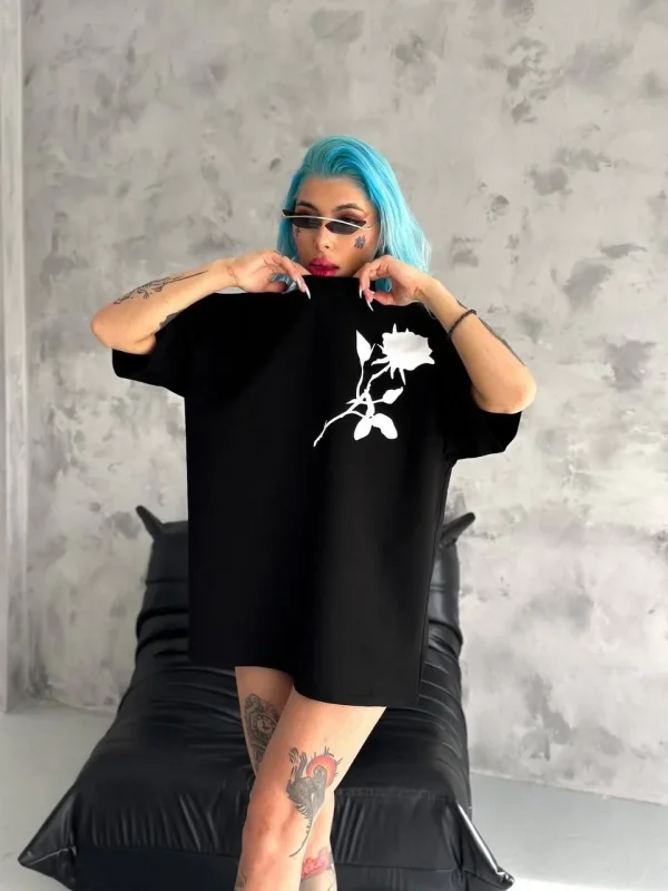 Lushiowear kadın Bisiklet Yaka Baskılı Oversize  Kısa kol T-Shirt - Siyah