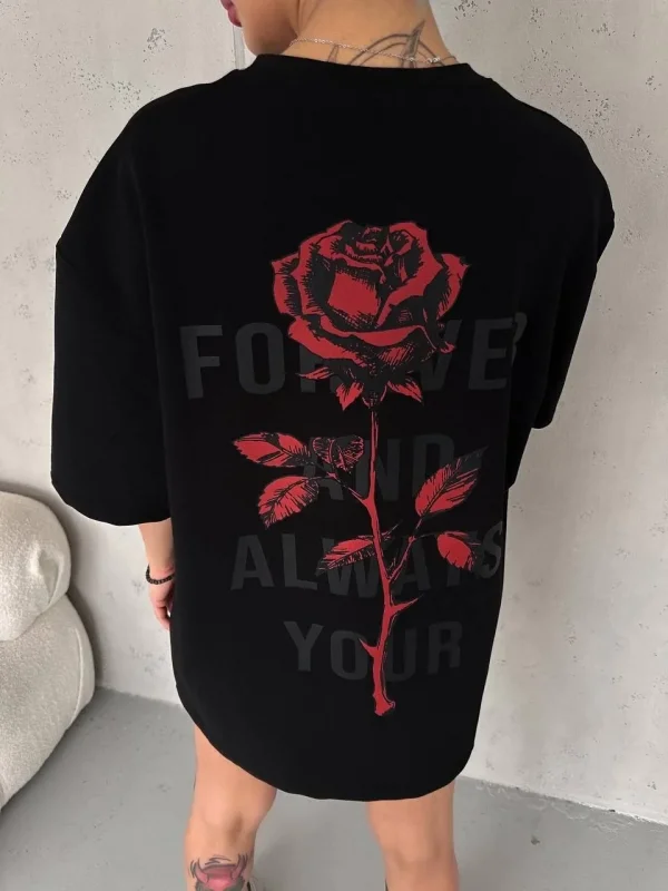 Lushiowear kadın Bisiklet Yaka Baskılı Oversize  Kısa kol T-Shirt - Siyah