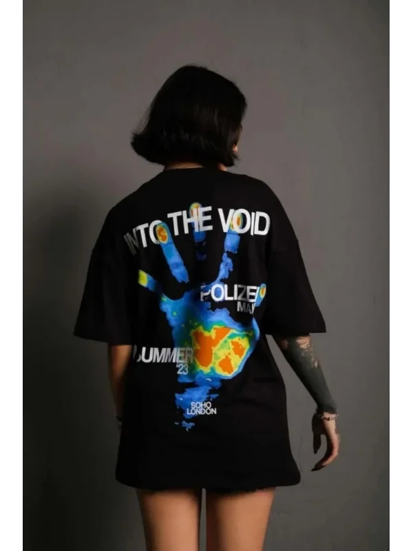 Lushiowear kadın Bisiklet Yaka Baskılı Oversize Kısa kol T-Shirt - Siyah