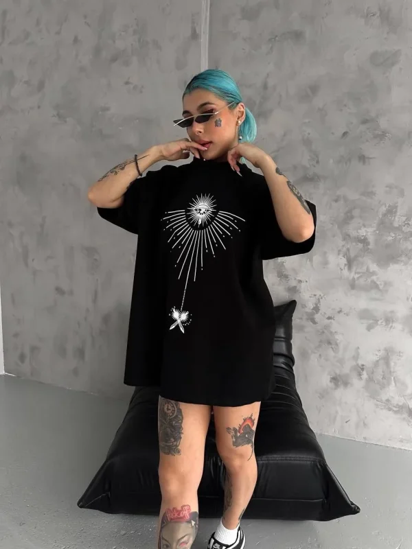 Lushiowear kadın Bisiklet Yaka Baskılı Oversize  Kısa kol T-Shirt - Siyah