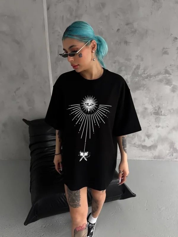 Lushiowear kadın Bisiklet Yaka Baskılı Oversize  Kısa kol T-Shirt - Siyah