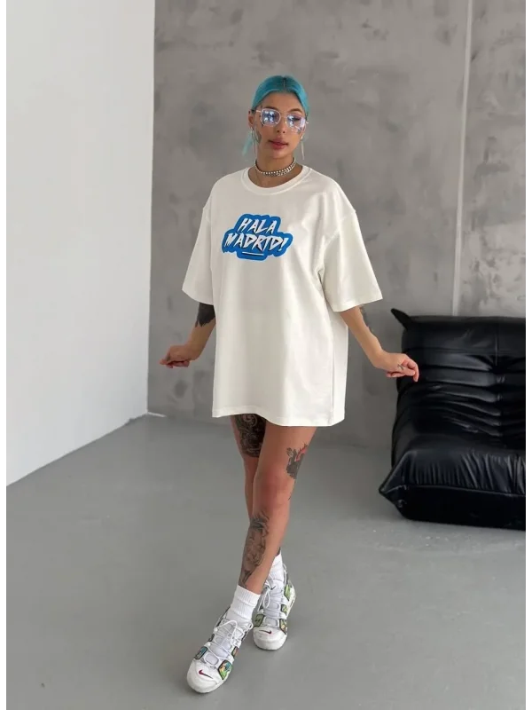 Lushiowear Kadın Kısa Kol Yazlık Tişört Bisiklet Yaka Baskılı Oversize T-Shirt - Beyaz