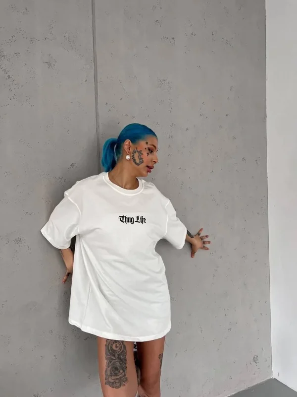 Lushiowear Kadın Kısa Kol Yazlık Tişört Bisiklet Yaka Baskılı Oversize T-Shirt - Beyaz