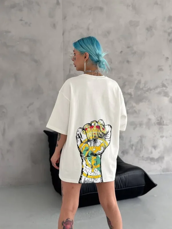 Lushiowear Kadın Kısa Kol Yazlık Tişört Bisiklet Yaka Baskılı Oversize T-Shirt - Beyaz