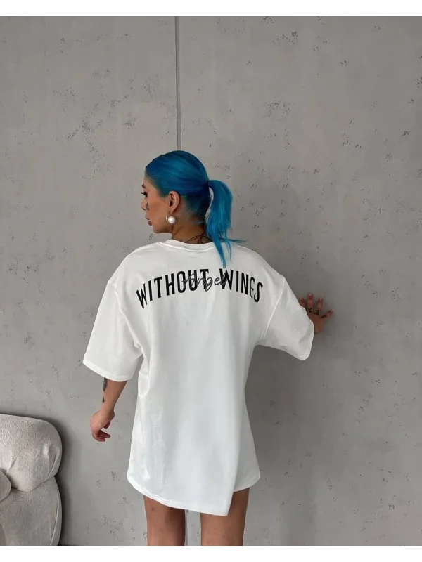 Lushiowear Kadın Kısa Kol Yazlık Tişört Bisiklet Yaka Baskılı Oversize T-Shirt - Beyaz