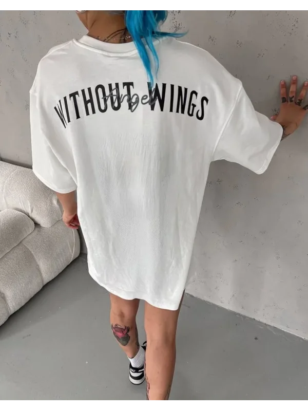 Lushiowear Kadın Kısa Kol Yazlık Tişört Bisiklet Yaka Baskılı Oversize T-Shirt - Beyaz