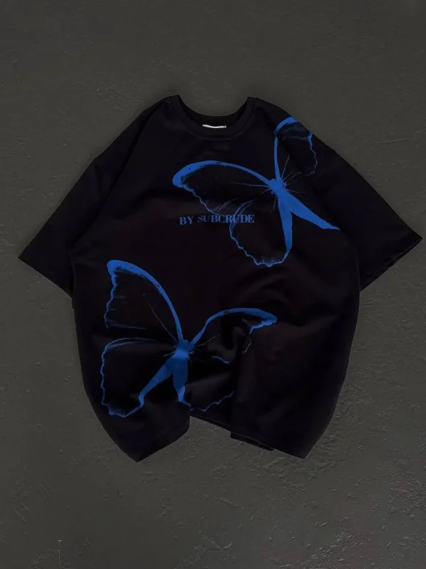 Lushiowear kadın Bisiklet Yaka Baskılı Oversize T-Shirt - Siyah