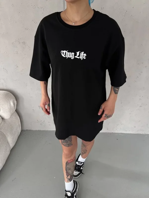 Lushiowear Kadın Kısa Kol Yazlık Tişört Bisiklet Yaka Baskılı Oversize T-Shirt -  Siyah