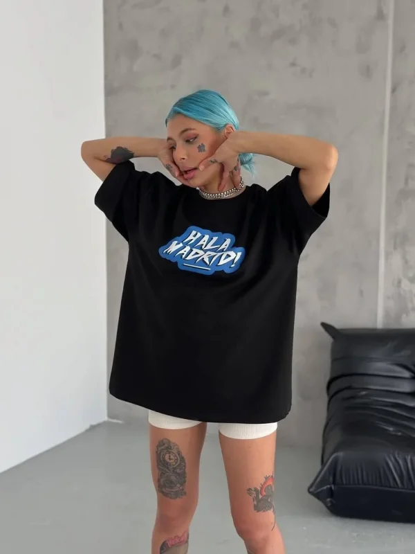 Lushiowear Kadın Kısa Kol Yazlık Tişört Bisiklet Yaka Baskılı Oversize T-Shirt - Siyah