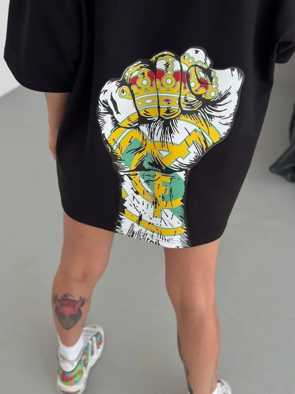 Lushiowear Kadın Kısa Kol Yazlık Tişört Bisiklet Yaka Baskılı Oversize T-Shirt - Siyah