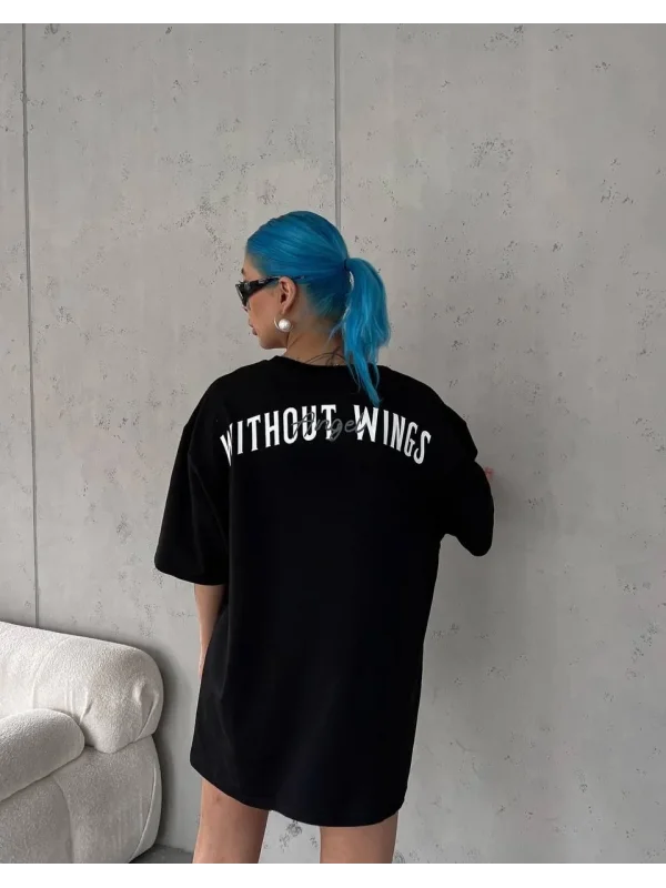Lushiowear Kadın Kısa Kol Yazlık Tişört Bisiklet Yaka Baskılı Oversize T-Shirt -  Siyah