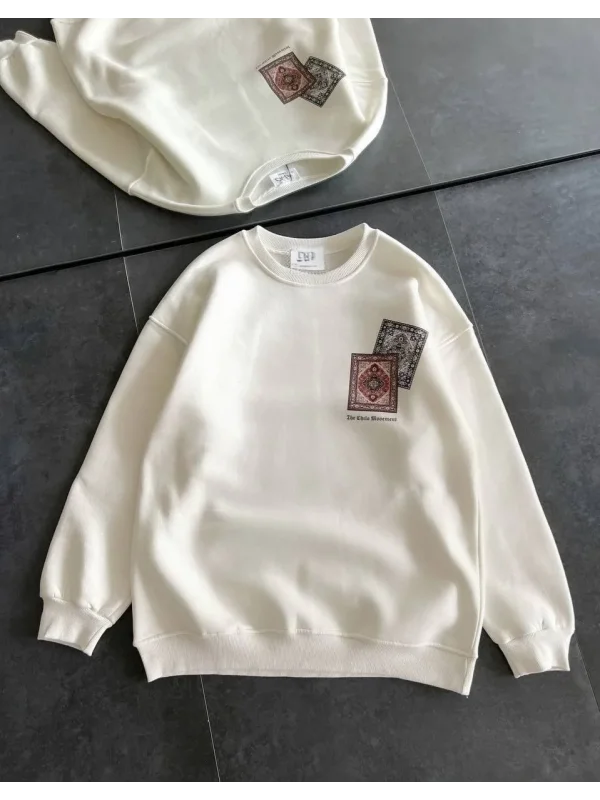 Lushiowear Kadın Bisiklet Yaka Kilim Halı Baskılı 3 İplik Pamuklu Sweatshirt - Beyaz